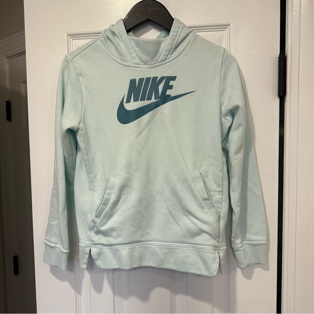 Nike girls hoodie sweatshirt swoosh front pocket light blue size medium m